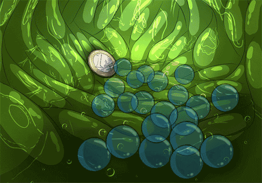 The inside of Marble's stomach is green, and several loose marbles and a coin are sitting on the bottom.