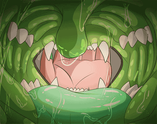 An view from near Marble's throat, looking outside of her maw and at her hand which is framed through her teeth.